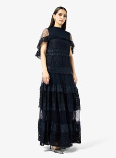 ANIIQ Dubai Farasha Caftan à manches longues pour femme, pour soirée, mariage, avec écharpe gratuite, bleu marine, S