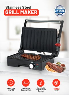 Buy Stainless Steel Grill Maker, Power and Ready Light | Non-Stick Cooking Plate | Easy to Clean | Practical Cable Winding | Lid Locking for Space-Saving Vertical Storage | Pilot Light 1600 W GGM5394 Silver/Black in UAE