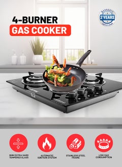 Buy GK4410 4-Burner Gas Cooker- Size 130/100/70/50 mm Respectively - 8mm Tempered Glass Worktop, Automatic Ignition, 4 heating Zones | Stainless Steel Frame GK4410 Black in UAE