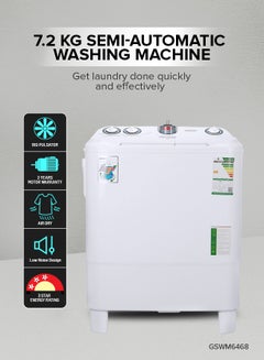 Buy Twin Tub Semi-Automatic Washing Machine| High Back Control Panel and Semi-Automatic Top Load Washing Machine, Ripple Pulsator| Highly Effecient with Classic Design 400 W GSWM6468 White in UAE
