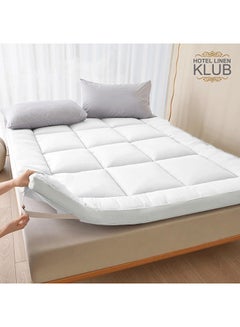 Buy Hotel Linen Klub King Mattress Topper - 500GSM Extra Thick and Soft Fibersheet, Supersoft Brushed Fabric with 4-Side Elastic Bands for Secure Fit Microfiber White 180x200cm in Saudi Arabia