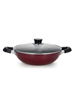 Buy Aluminium Wok Pan With Glass Lid Red/Clear 30cm in UAE