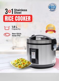 Buy Rice Cooker 1.8 L Durable Construction| Removable Non-Stick Pot, Cool Touch Handle| Includes Cook, Warm Functions, Plastic Steamer| Perfect for Vegetables, Soups, Sauces etc |762W 1.8 L 762 W GRC4330 Black/Silver in UAE