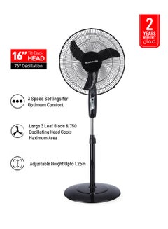 Buy Stand Fan, 3-Speed Levels with 75-Degree Horizontal Oscillation, Pedestal Fan With Adjustable Height Upto 1.25 M and High Performance 45W Motor For High Speed Wind OMF1738NH Black in Saudi Arabia