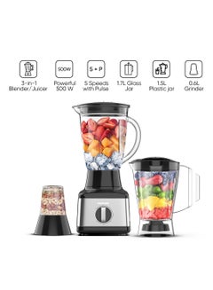 Buy 3 In 1 Blender With  Power, Stainless Steel Blades, Multifunctional Grinder, Glass And Plastic Jugs, 5 Speeds + Pulse, Perfect For Dry And Wet Fine Grinding, Mixing And Juicing 500 W NB3900GEB Black/Clear/Silver in Saudi Arabia