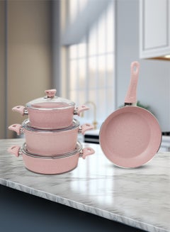 Buy 7 Pieces Turkish Granite Cookware Set With Pyrex Lid Pink 24x24x10.5cm in Saudi Arabia