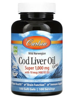 Buy Wild Norwegian Cod Liver Oil Gems Super 1000mg Dietary Supplement - 100 Softgels in UAE