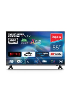 Buy 55 Inch 4K Ultra HD Smart Android LED TV With Free Wall Mount- Frame Less Design, Quad Core Processor, Mirror Cast And E-Share, HDMI\USB\ Wi-Fi Input, Netflix, YouTube, Disney+, Apple TV+, Starz Play Arabia, Super Slim Gloria 55 UHD Smart Black in Saudi Arabia