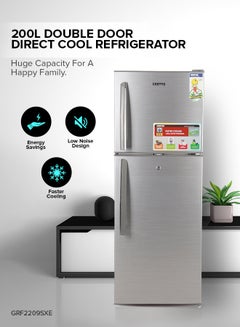 Buy 200L Gross/130L Net Capacity, Direct Cool Double Door Defrost Refrigerator With Grip Handle, Silver Finish, Glass Shelves, Transparent Door Basket, Adjustable Front Wheel, Lock & Key, Low Noise, Quick Cooling, Low Voltage,  Fridge - 90L/Freezer- 40L capacity GRF2209SXE Silver in UAE