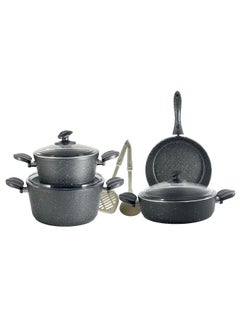 Buy 9-Piece Granitec Cookware Set Includes 1xScoop, 1xSpoon, 2xDeep Pot With Lid 20+24 cm, 1xLow Pot With Lid 26 cm, 1xFry Pan Black/Clear 26cm in UAE