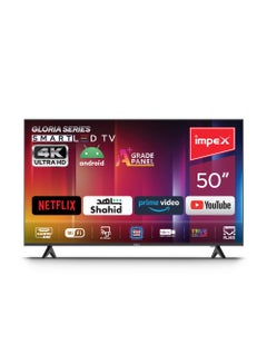 Buy 50 Inch 4K Ultra HD Smart Android LED TV With Free Wall Mount- Frame Less Design, Quad Core Processor, Mirror Cast And E-Share, HDMI\USB\ Wi-Fi Input, Netflix, YouTube, Disney+, Apple TV+, Starz Play Arabia, Super Slim Gloria 50 UHD Black in Saudi Arabia