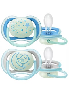 Buy 2-Piece Ultra Air Night Buddy Bear Soft Baby Pacifier Set For 6M+, White And Blue in UAE