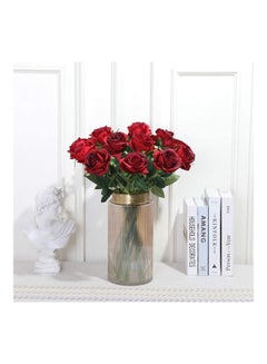 Buy 12 Pcs Red Artificial Roses Silk Bridal Wedding Bouquet Realistic Flower Red/Green in Egypt