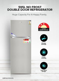 Buy 595L Gross/465L Net Capacity No Frost Double Door Refrigerator| With Inverter Compressor, Interior LED Lighting, Multi Air Flow, Stainless Steel Finish, Recessed Handle, Chrome Bottle Holder & Chiller Shelves, Glass Shelves, Freezer- 100L capacity 0 W GRF6021SSXN Silver in UAE