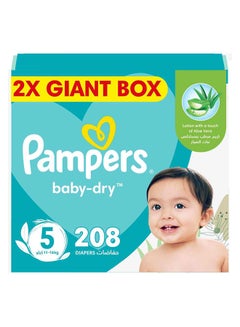 Buy Baby-Dry Taped Diapers with Aloe Vera Lotion, Leakage Protection, Size 5, 11-16kg, 208 Count in UAE