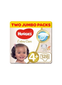 Buy Extra Care Baby Diapers, Size 4+, 10 - 16 Kg, 128 Count (64 x 2) - Jumbo Pack, Gental Skin Care, Breathable Material in UAE