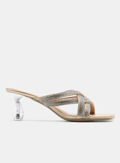 Buy Stone Embellished Strap Heeled Sandals Gold/Silver in UAE