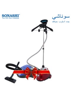 Buy Free Standing Garment Steamer With Suction Canister Vacuum Cleaner 1.8 L 1800 W SGS-311 + SVC-9024 Red/Blue in Saudi Arabia