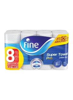 Buy Kitchen Paper Towel Super Pro, Sterilized Tissues For Germ Protection, Half Perforated 60 Sheets x 3 Ply, 8 Rolls White 26.5 x21cm in UAE