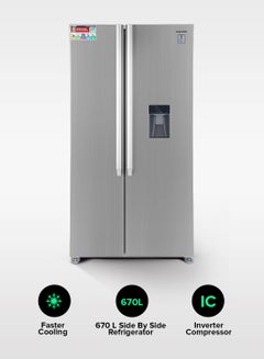 Buy 670L Gross/521L Net Capacity No Frost Side By Side Refrigerator| With Invertor Compressor, Digital Control Temperature Display, Water Dispensor, 4 Cooling Modes, Tempered Glass Shelves, Twist Ice Maker, Inside Condensor, Freezer- 177L capacity GRFS6622SWXHN Silver in UAE