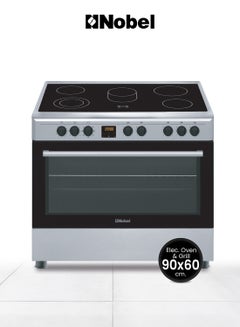 Buy 90 x 60 Ceramic Cooker, 5 Ceramic Hob, Electric Grill & Electric Oven, 7 Knob Control, Digital Display, Auto Ignition, Tinted Glass, Black Top Ceramic Hob Inner Light, Inner Light, Double Glass Oven Door, 89.8 x 60.1 x 86, Silver, Made In Turkey NGC90VTC Silver in UAE