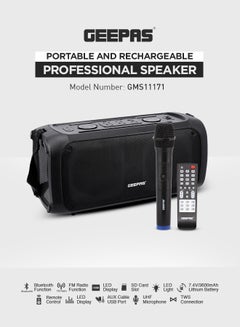 Buy Portable & Rechargeable Professional Speaker With UHF Microphone, Remote Control, TWS Connection, Bluetooth/FM Radio, Guitar Input Jack ,50000W PMPO, GMS11171,Black Black in Saudi Arabia