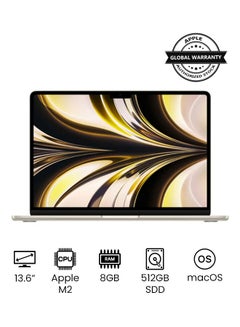 اشتري شاشة MacBook Air MLY23 مقاس 13 بوصة: شريحة Apple M2 مع وحدة المعالجة المركزية 8 النواة ووحدة معالجة الرسومات 10 النواة، و512 جيجابايت - لوحة مفاتيح باللغة الإنجليزية العربية Starlight ضوء النجوم في السعودية