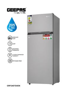 Buy Double Door Defrost Refrigerator, Capacity 205 L (7.2 Cu. Ft)  Adjustable Thermostat/Tempered Glass Shelves/Faster Cooling/Door Lock & Key 238 kW GRF2407SXEN Silver in Saudi Arabia