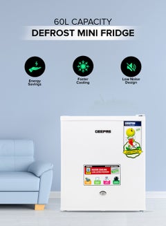 Buy Defrost Mini Fridge 60L Door Lock and Key Low Noise Design Compact Powerful Compressor Energy Saving Fast Freezing Adjustable Thermostat GRF654WPEN White in UAE