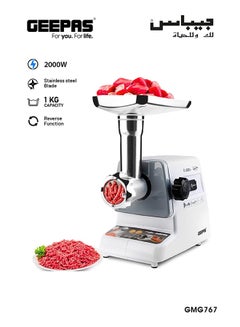 Buy Electric Meat Grinder, Mincer With Reverse Function/Metal Cutting Plates/Accessories/Metal Gears/Stainless Steel Blades 1 kg 2000 W GMG767 White in Saudi Arabia