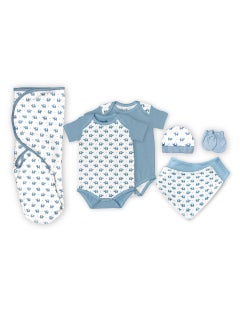 Buy Organic Baby Gift Set Of 7 Rompers Swaddle Bibs Hat Mitten Set For 3-6 Months Blue in Saudi Arabia