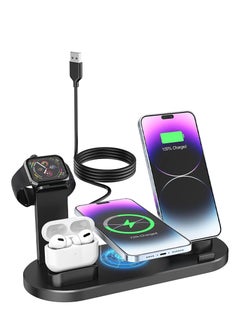 Buy 6 In 1 15W Wireless Charger Stand For iPhone 8 Plus And Later Models Smart Watch Series Airpods 1/2/3/Pro 360° Rotary Charging Dock Black in UAE