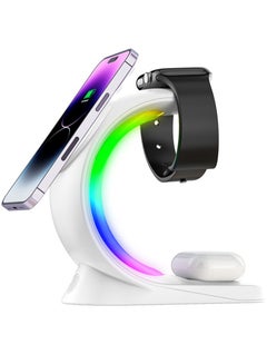 Buy Wireless Charger 3 In 1 Magnetic Stand RGB Lights Fast Charging Station For iPhone Apple Watch AirPods White in UAE