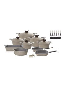 اشتري Granite Cookware Set 20 pieces Beige Pot sizes: 18 cm + 20 cm + 22 cm + 24 cm + 28 cm + frying pan 26 cm + frying pan 28 cm + rectangular oven tray 40 cm + circular oven tray 28 cm + silicone grip + set of spoons 6 pieces في السعودية