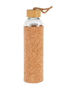 Buy Water Bottle Transparent Glass Bottle with Bamboo Lid and Removable Cork Sleeves Brown in Saudi Arabia