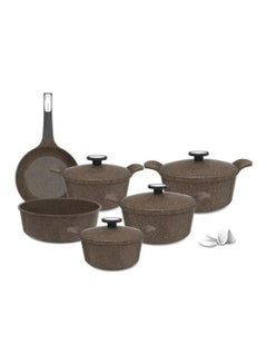 Buy Korean Extrema Granite Cookware Set, 10 Pieces Gold مكونات الطقم : قدر جرانيت مقاس 20 سم + قدر جرانيت مقاس 22 سم + قدر جرانيت مقاس 26 سم + قدر جرانيت مقاس 28 سم + مقلاة جرانيت مقاس 24 سم + صينية فرن مدورة غويط 28 سم + مقابض سيليكون in Saudi Arabia