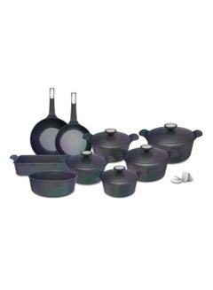 Buy Korean Exterma Granite Cookware Set, Consisting Of 14 Pieces, Green مكونات الطقم : قدر جرانيت مقاس 20 سم مع غطاء + قدر جرانيت مقاس 22 سم مع غطاء + قدر جرانيت مقاس 24 سم مع غطاء + قدر جرانيت مقاس 26 سم مع غطاء + قدر جرانيت مقاس 28 سم مع غطاء + مقلاة جرانيت مقاس 26 سم  + مقلاة ووك رخامية مصبوبة 30 سم + صينية فرن مستطيل وسط + صينية فرن مدورة مقاس 28 سم + مقابض سيليكون in Saudi Arabia