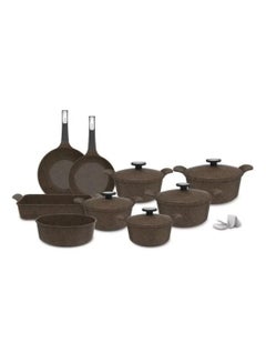 Buy Korean Extrema Granite Cookware Set, Consisting Of 14 Pieces, Gold مكونات الطقم : قدر جرانيت مقاس 20 سم مع غطاء + قدر جرانيت مقاس 22 سم مع غطاء + قدر جرانيت مقاس 24 سم مع غطاء + قدر جرانيت مقاس 26 سم مع غطاء + قدر جرانيت مقاس 28 سم مع غطاء + مقلاة جرانيت مقاس 26 سم  + مقلاة ووك رخامية مصبوبة 30 سم + صينية فرن مستطيل وسط + صينية فرن مدورة مقاس 28 سم + مقابض سيليكون in Saudi Arabia