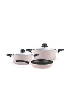 اشتري Royalford 5pcs Non Stick Cookware Set RF11973 Aluminum Press Body with 3 Layer Coating CD Base Bakelite Handles and Tempered Glass Lid Pink Large في الامارات