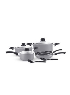 اشتري Royalford 10pcs Non Stick Cookware Set RF11972 Press Aluminum Body with 3 Layer Coating CD Base Bakelite Handles and Tempered Glass Lid Grey Large في الامارات