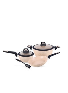 Buy Royalford Chef Art Granite Cookware Set RF11960 Forged Aluminum 6 Piece Set with Granite Coated Body Gas Induction Base Soft Touch Handles and Tempered Glass Lid Pink Large in Saudi Arabia