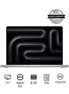 اشتري 2023 Newest MacBook Pro MR7K3 Laptop M3 chip with 8‑core CPU, 10‑core GPU: 14.2-inch Liquid Retina XDR Display, 8GB Unified Memory, 1TB SSD Storage And Works with iPhone/iPad English Silver في الامارات