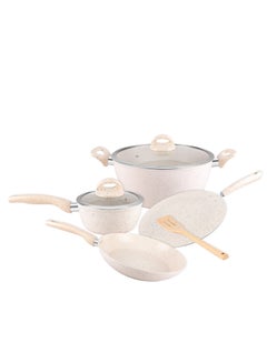 Buy Smart Granite Cookware Set- RF11961| Forged Aluminum with Granite Coated Body| Induction Base, Soft Touch Handles and Tempered Glass Lid| Includes Casseroles, Sauce Pan, Tawa, Fry Pan and Turner Pink in Saudi Arabia