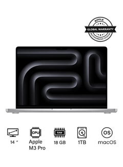 اشتري 2023 Newest MacBook Pro MRX73 Laptop M3 Pro chip with 12‑core CPU, 18‑core GPU: 14.2-inch Liquid Retina XDR Display, 18GB Unified Memory, 1TB SSD Storage And Works with iPhone/iPad English/Arabic Silver في السعودية