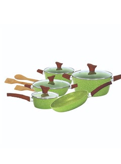 اشتري Royalford 12-Piece Forged Aluminum Cookware Set with Marble Coating-RF9415| Includes Casseroles, Sauce Pan, Wok Pan, Fry Pan, and Wooden Turners| Induction Compatible Green na في السعودية