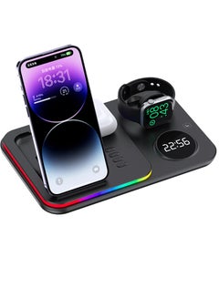Buy Fast Charging Dock Station 5-In-1 Phone Watch Headset Charging Stand Over Current Protection With Digital Clock Adjustable Light For iPhone Apple Watch Black in UAE