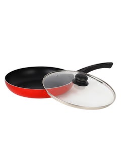 اشتري Royalford 22 CM Aluminum Fry Pan- RF11975| With Tempered Glass Lid, Strong Aluminum Body With Non-Stick Coating And Bakelite Handle| Compatible With Hot Plate, Halogen, Ceramic And Gas Stovetops Red & black 22cm في السعودية