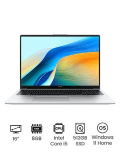 Buy MateBook D 16 Laptop with 16-inch Eye Comfort FullView Display, Core i5-12450H Processor/8GB RAM/512GB SSD/Windows 11 Home/Intel Iris XE Graphics With Light and Metal Body And Nimble Numeric Keypad English/Arabic Mystic Silver in Saudi Arabia