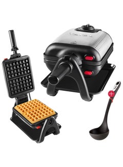 اشتري Professional King Size Waffle Iron 1200 Watt Rotating Double Waffle Iron For 2 Belgian Thick Waffles With Ladle Non-Stick Coated Plates Rotary Function Temperature Control Dishwasher Safe Bundle 1200 W WM756D+K20601 Black/Silver في الامارات