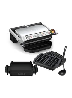 Buy OptiGrill+ Electric Contact Grill With XA7248 Waffle Plates And Ladle With XA7258 Snacking And Baking Tray 6 Grill Programs Stainless Steel Bundle 2000 W GC712D+XA7258+XA7248 Black & Silver in UAE